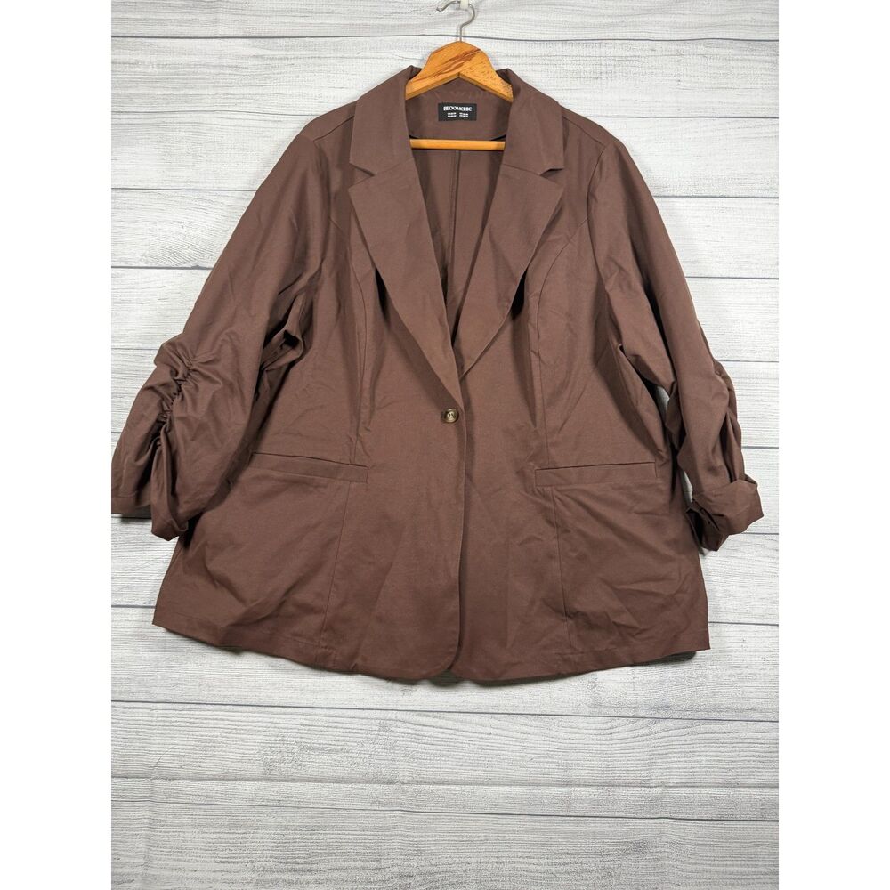 BloomChic Women’s 3X 22-24 Brown Ruched Sleeve One Button Blazer 4274